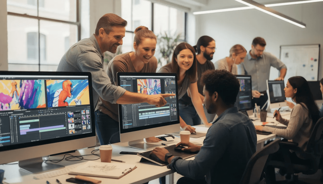 A diverse group of people collaborates around computers, engaging in a creative project with colorful screens displaying various coding interfaces and game development tools. They are using AI assistants and programming languages to explore ideas and create fun applications together.