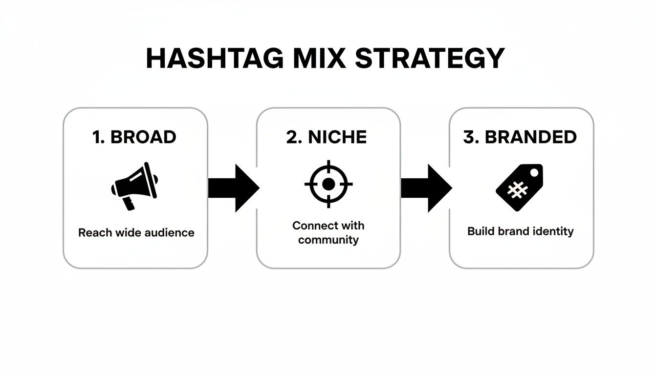 A diagram illustrates a hashtag mix strategy, detailing steps: Broad, Niche, and Branded.