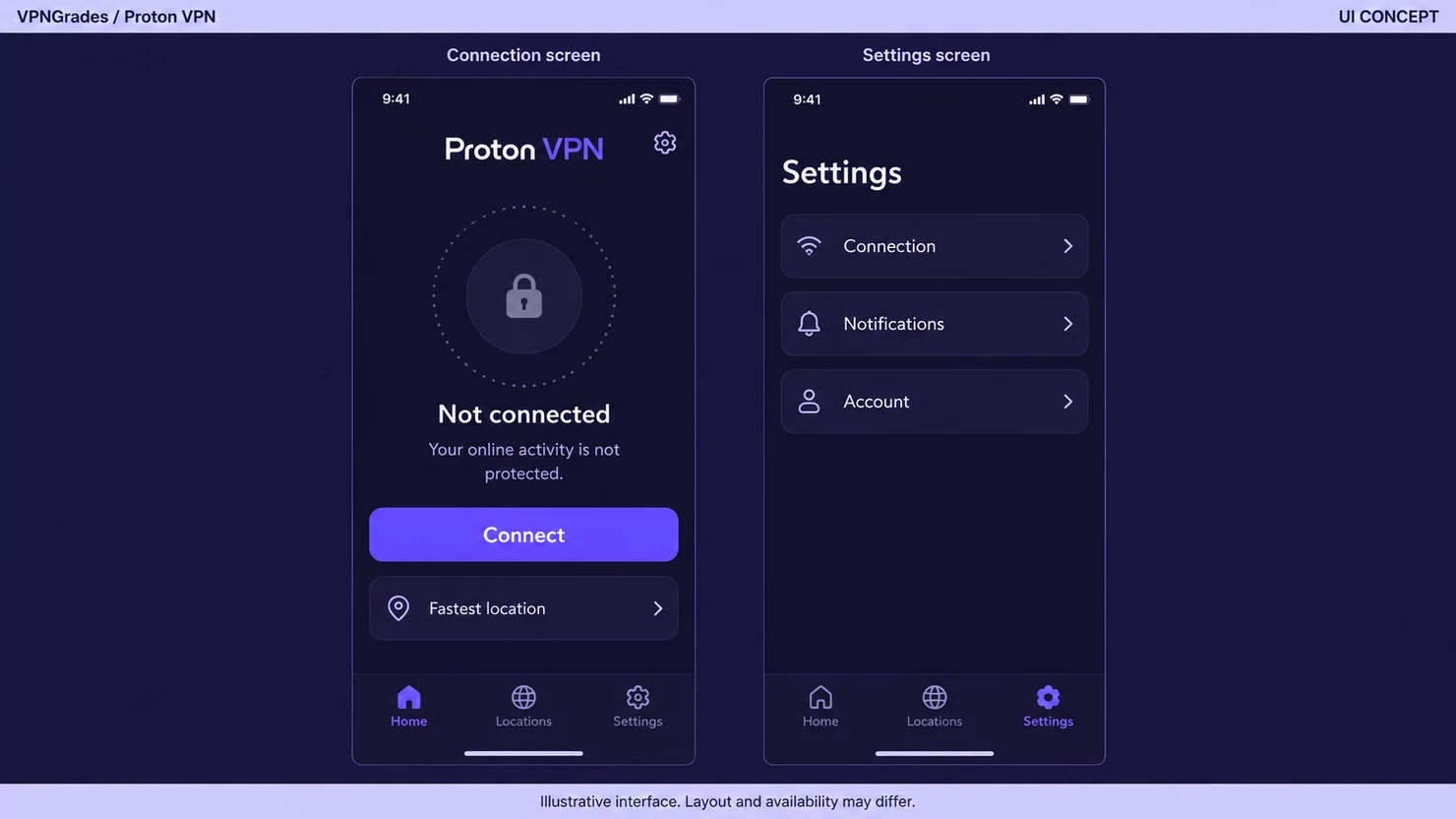 Proton VPN: two illustrative mobile app screens (illustration).