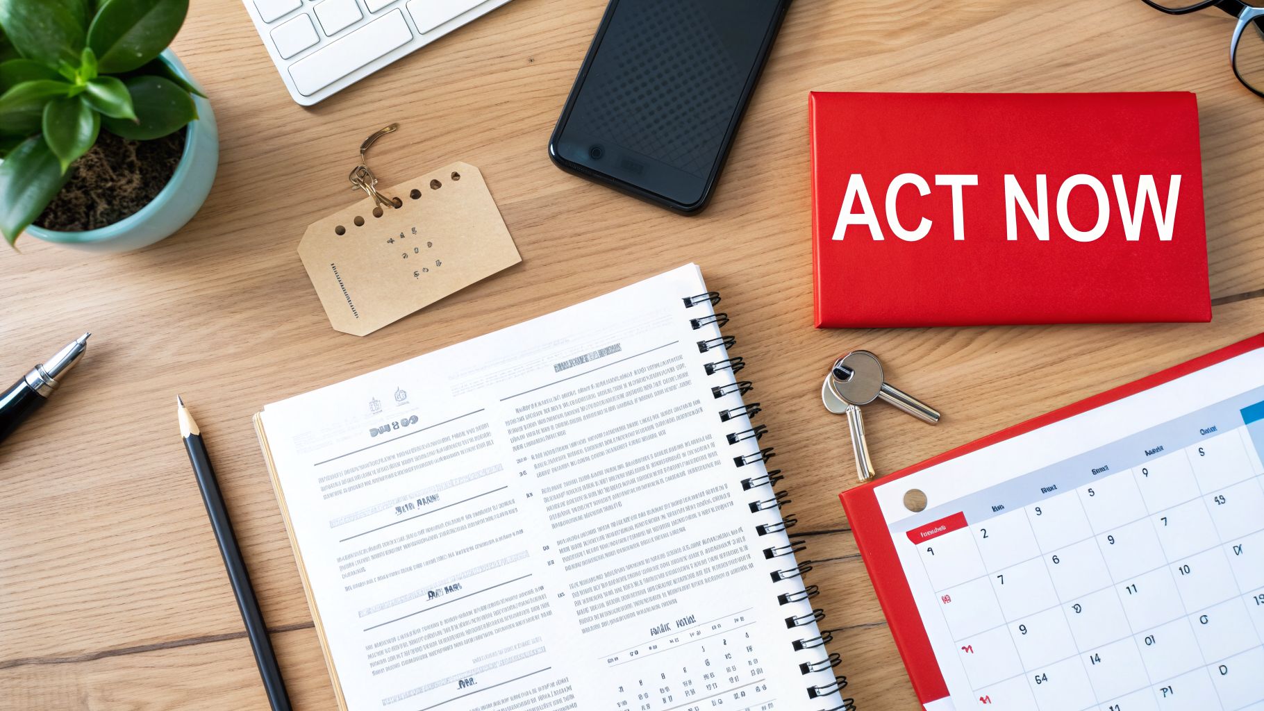 A top-down view of a wooden desk with a red 'ACT NOW' box, notebook, phone, and keys.