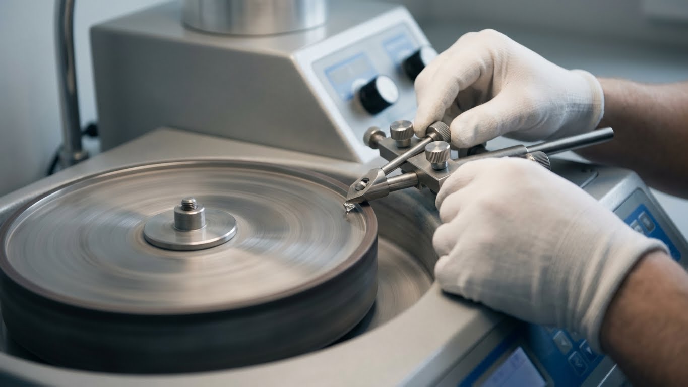 Lab grown diamond jewelry manufacturing equipment- CVD diamond polishing on precision grinding wheel, custom lab grown diamond jewellery manufacturing process in Surat facility for B2B diamond production
