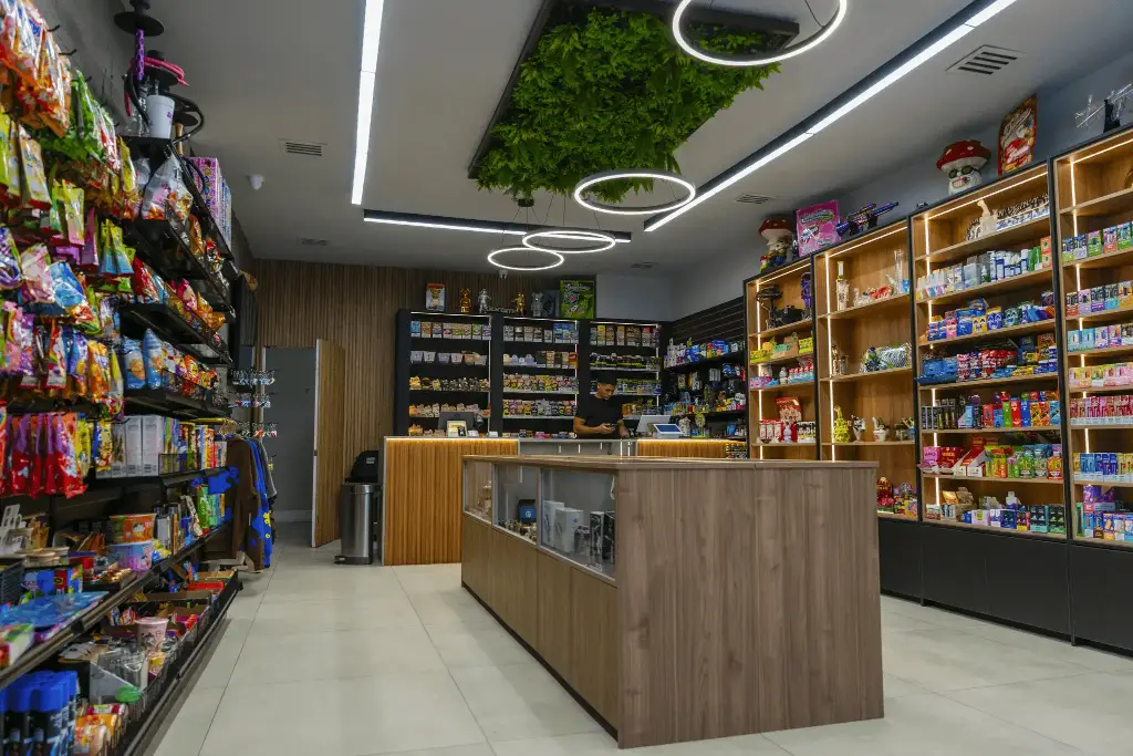 Inside Exotic Hub with shelves of smoking accessories, snacks, and collectibles