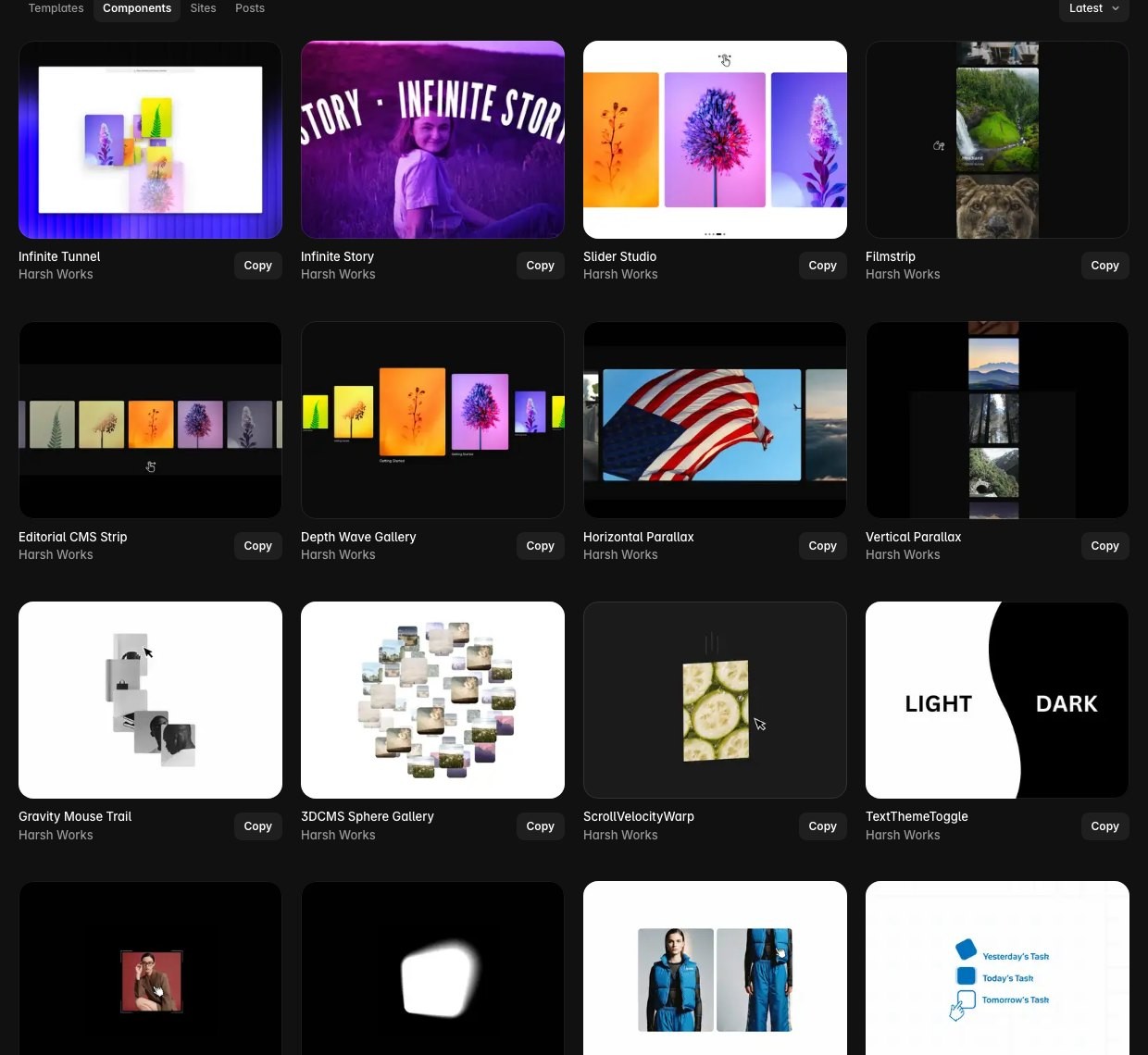 The first half of the component library on the Framer Marketplace, from Infinite Tunnel and Slider Studio to the parallax and gallery components, each with a copy button