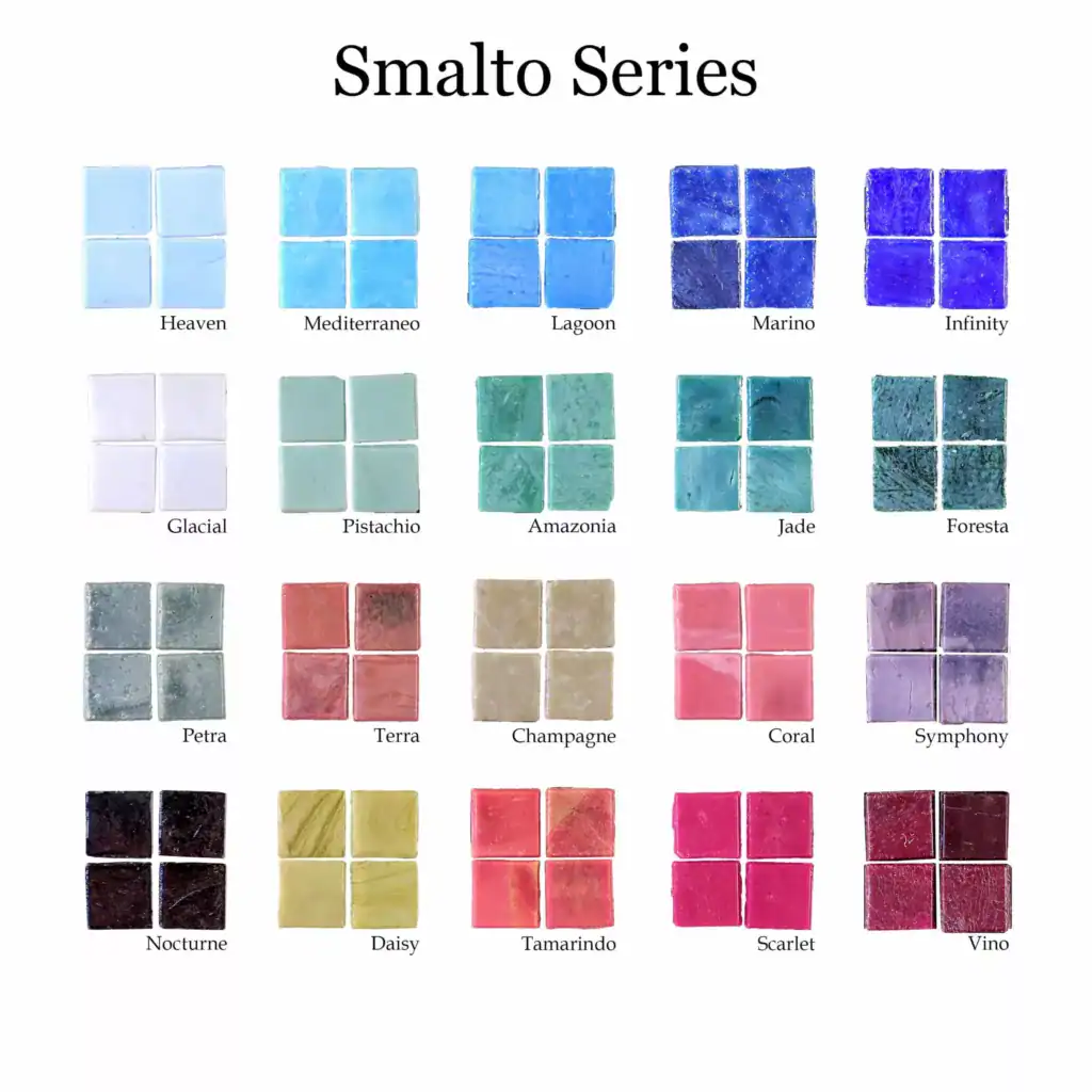 Smalto Series glass tile color chart, twenty colors, Mosaiclegs Art Studio