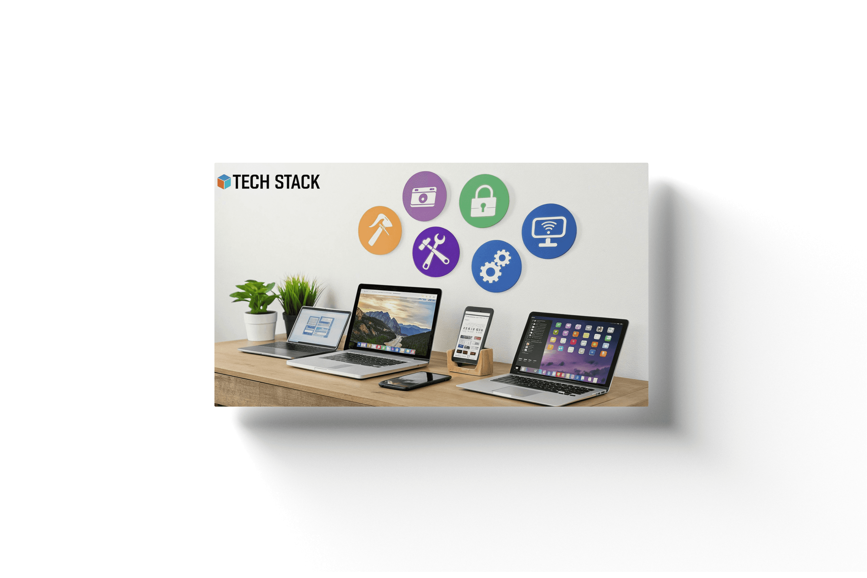 two laptops showing code next to eachother with app icons floating above