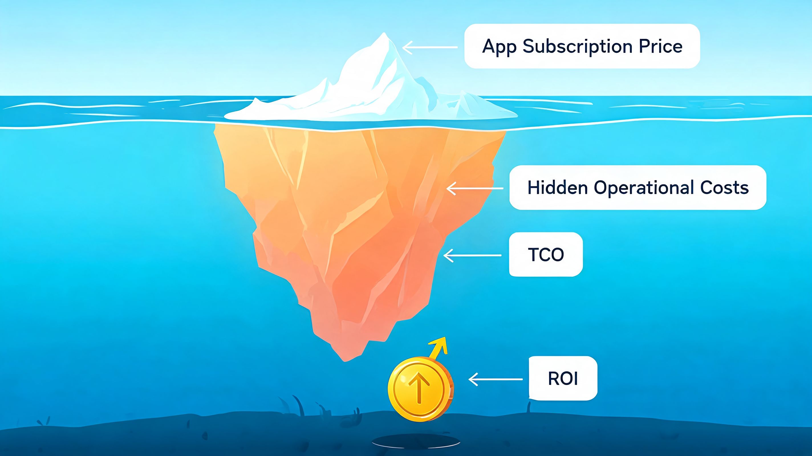 An iceberg illustration metaphorically representing App Subscription Price versus Hidden Operational Costs, TCO, and ROI.