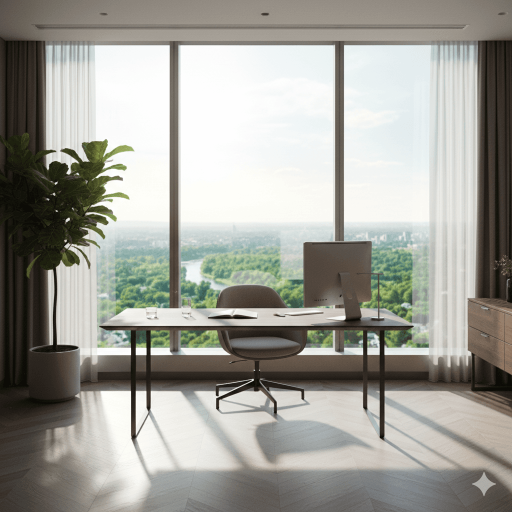 Minimalist home office with floor-to-ceiling windows and lush green views in a luxury Gurugram apartment