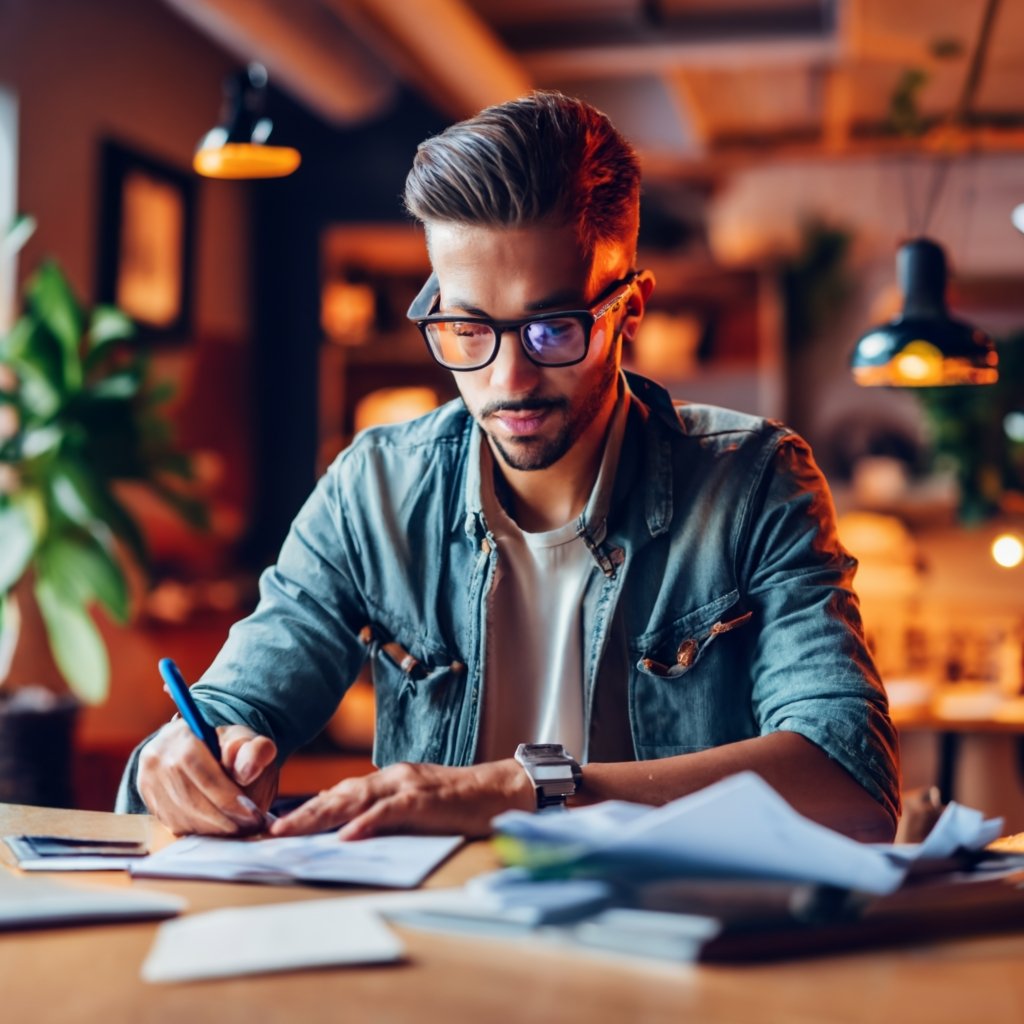 Applicant preparing documents for work permit application, including passport and job offer.