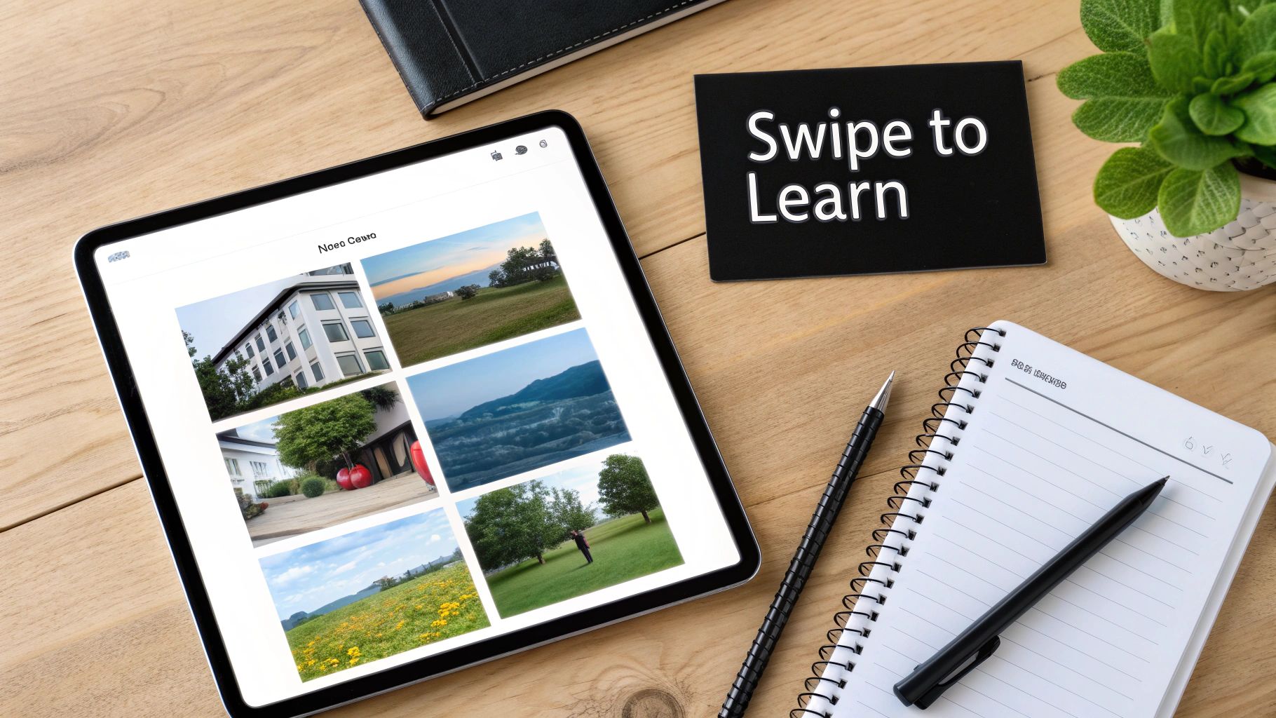 Top-down view of a modern workspace with a tablet displaying photos, stationery, and a learning reminder.
