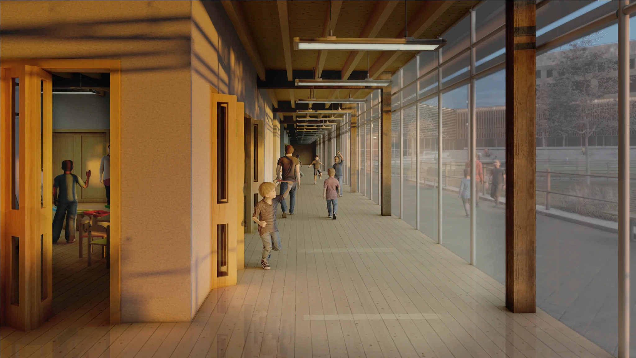 A busy hallway with people walking through it, creating a bustling atmosphere.