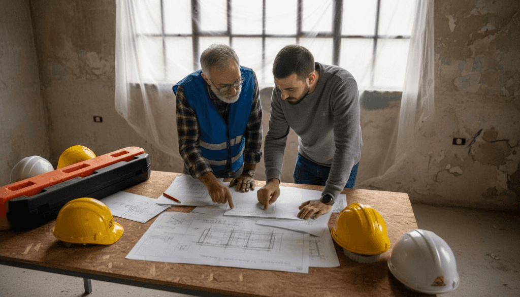 In sala cantiere, i tecnici discutono le differenze tra dispositivi di protezione individuale e collettiva, valutando quale soluzione sia più efficace per garantire la sicurezza sul lavoro.