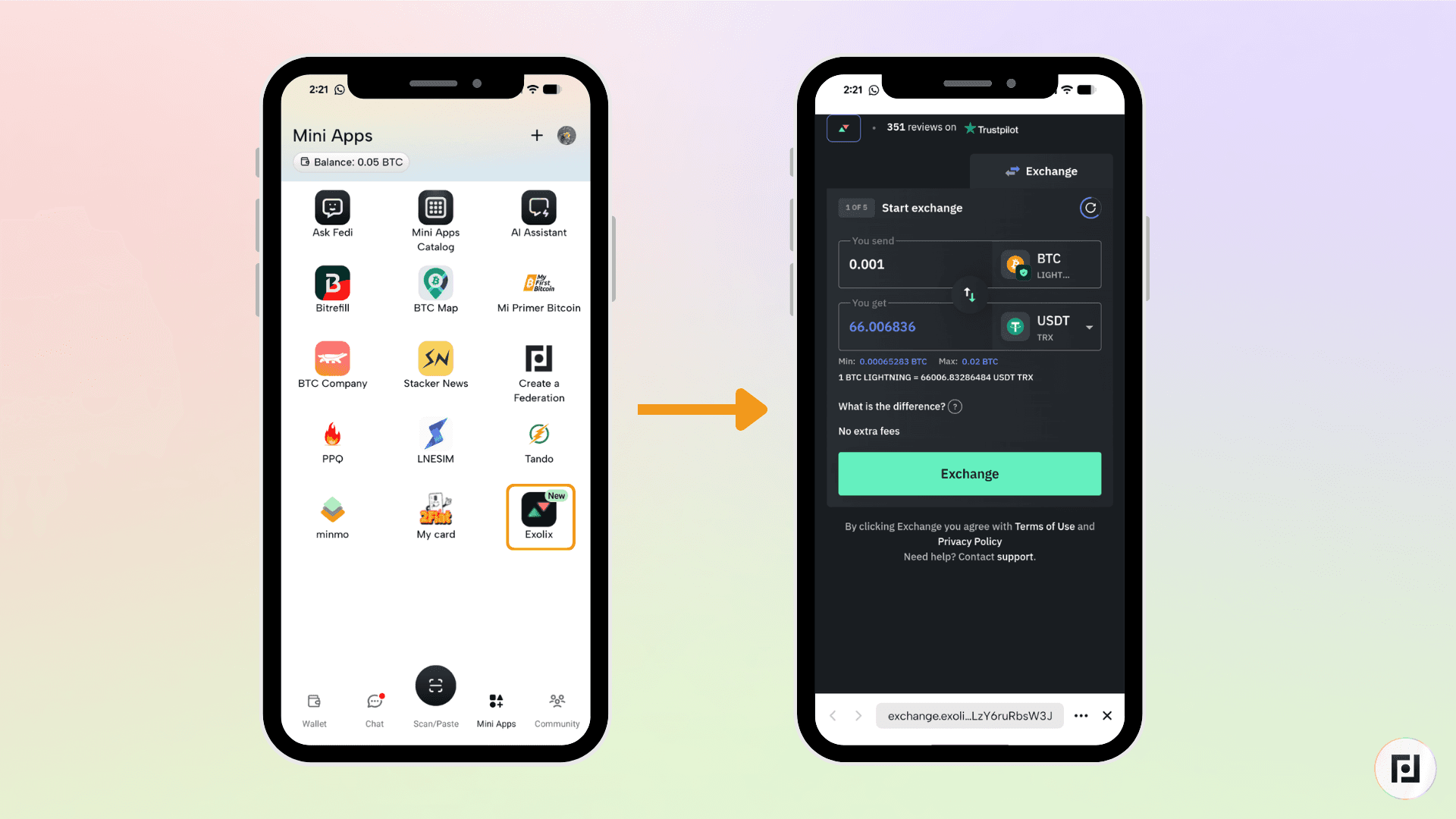 Exolix swap interface inside Fedi app showing 0.001 BTC Lightning input and 66.006836 USDT output with Exchange button