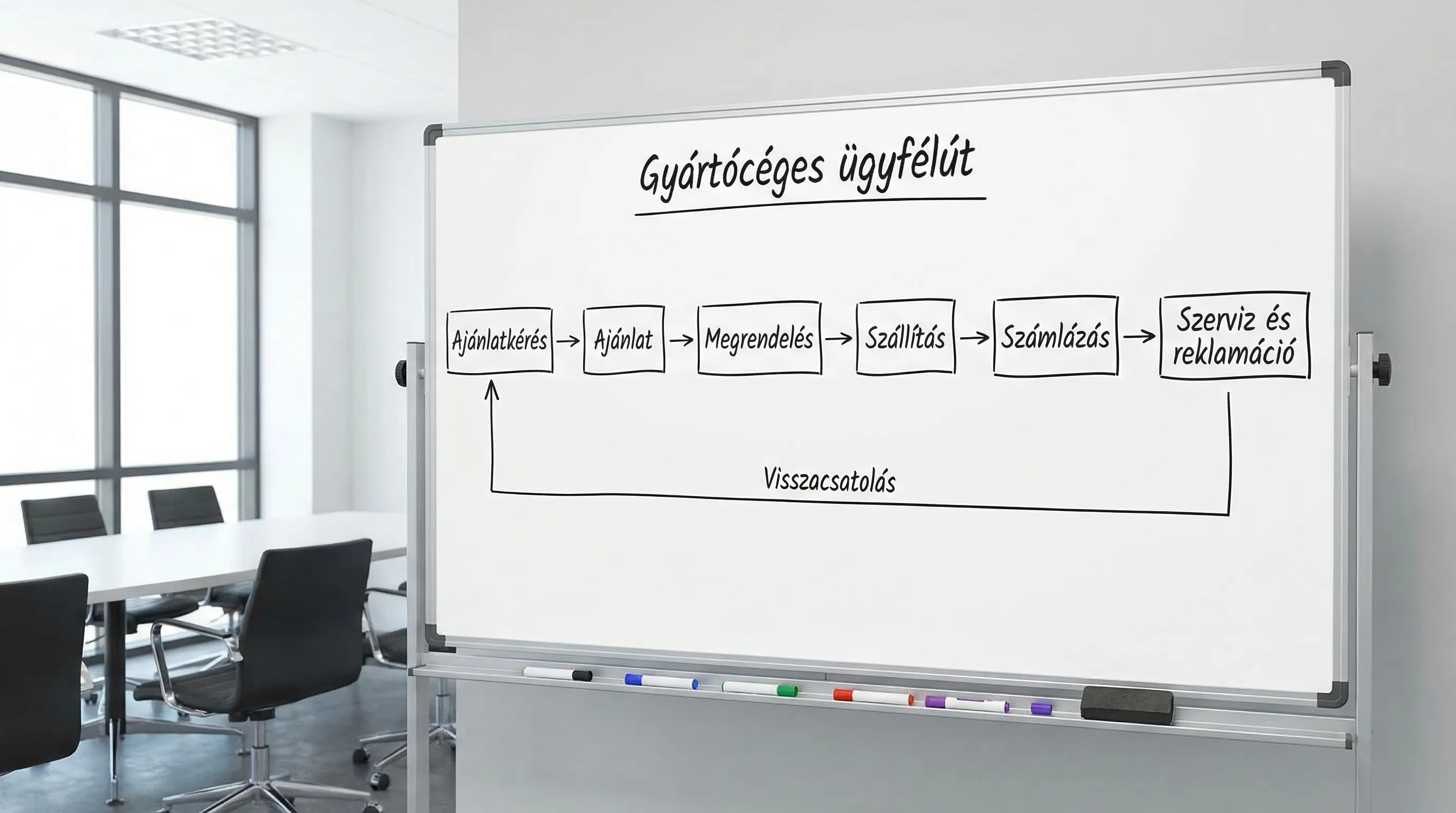 Egyszerű folyamatábra egy gyártócéges ügyfélútról: ajánlatkérés, ajánlat, megrendelés, szállítás, számlázás, szerviz és reklamáció, visszacsatolással az értékesítéshez.