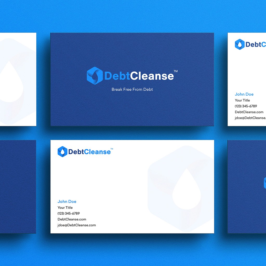 DebtCleanse branded business card mockup showing front and back card designs