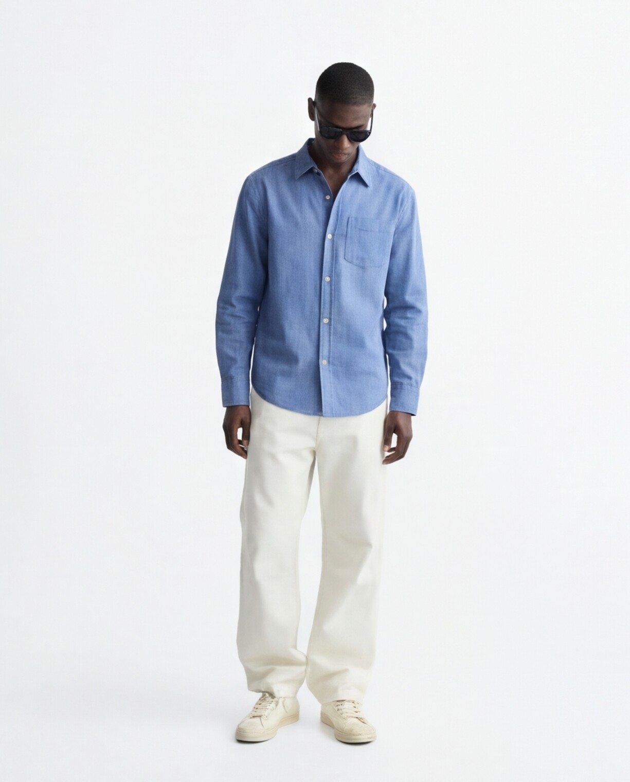 Blue Shirt with Cream Cargo Trousers