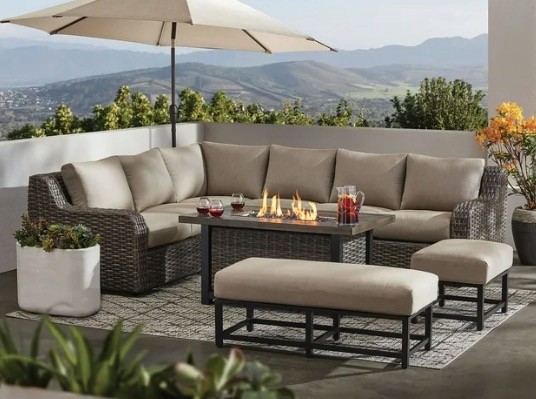 Athena collection seven piece deep seating sectional with fire pit