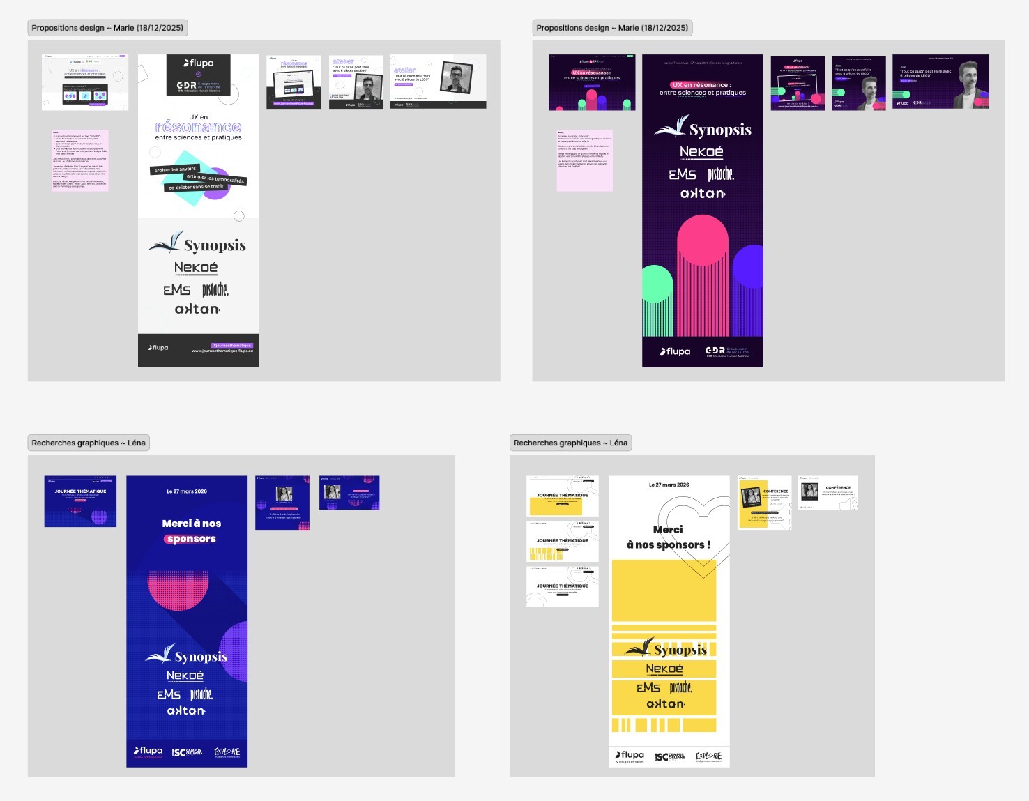 Il y a 4 planches de recherches Figma, avec 4 propositions graphiques différentes. Chaque proposition propose une homepage, un kakemono, et des posts de réseaux sociaux
