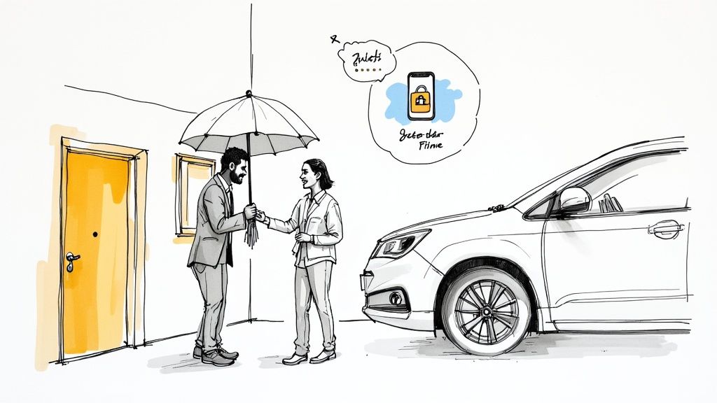 Man with an umbrella gives keys to a woman next to a car, with a phone showing a digital lock.