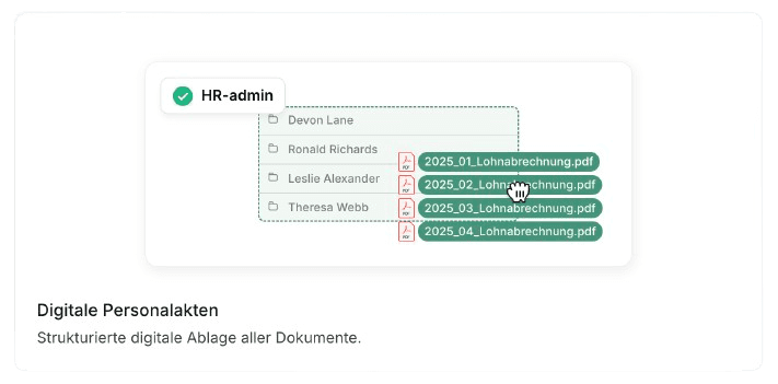 Beispiel einer digitalen HR-Dokumentenverwaltung mit Mitarbeiterordnern und Lohnabrechnungs-PDFs. Ein HR-Admin wählt die Datei ‚2025_02_Lohnabrechnung.pdf‘ innerhalb einer strukturierten digitalen Personalakte aus.