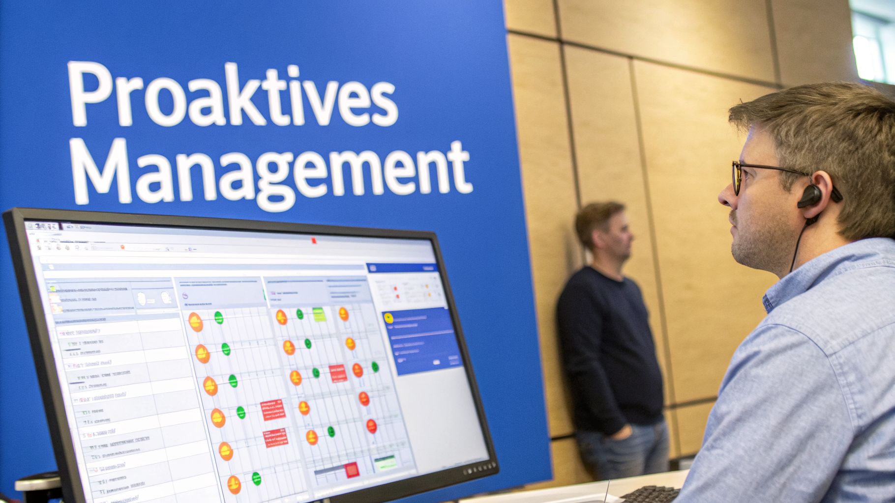 Mitarbeiter überwacht digitale Prozesse auf einem Bildschirm mit farbcodiertem Dashboard vor 'Proaktives Management'-Schriftzug.