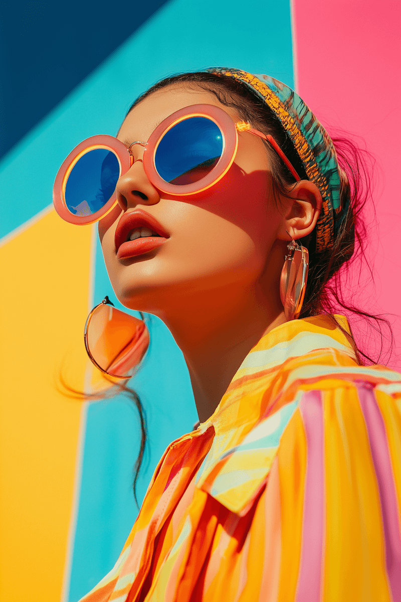A woman in a colorful attire with a colorful background