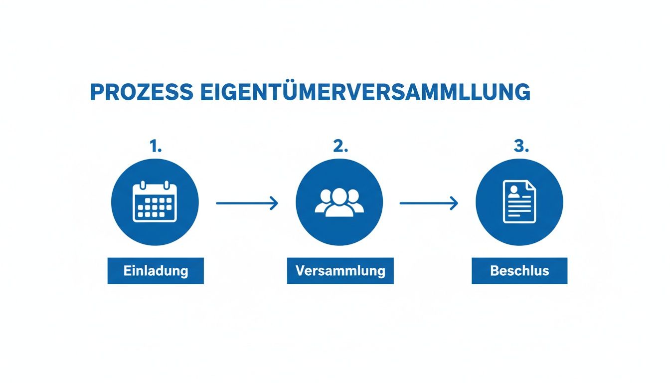 Infografik visualisiert den dreistufigen Prozess einer Eigentümerversammlung: Einladung, Versammlung und abschließender Beschluss.