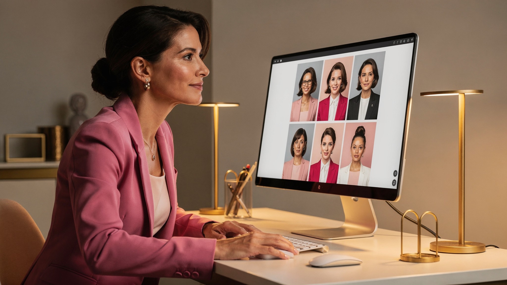 Hero: editorial flat-lay of phones and laptops showing AI-generated portrait grids of a young woman in different outfits on a pale pink desk