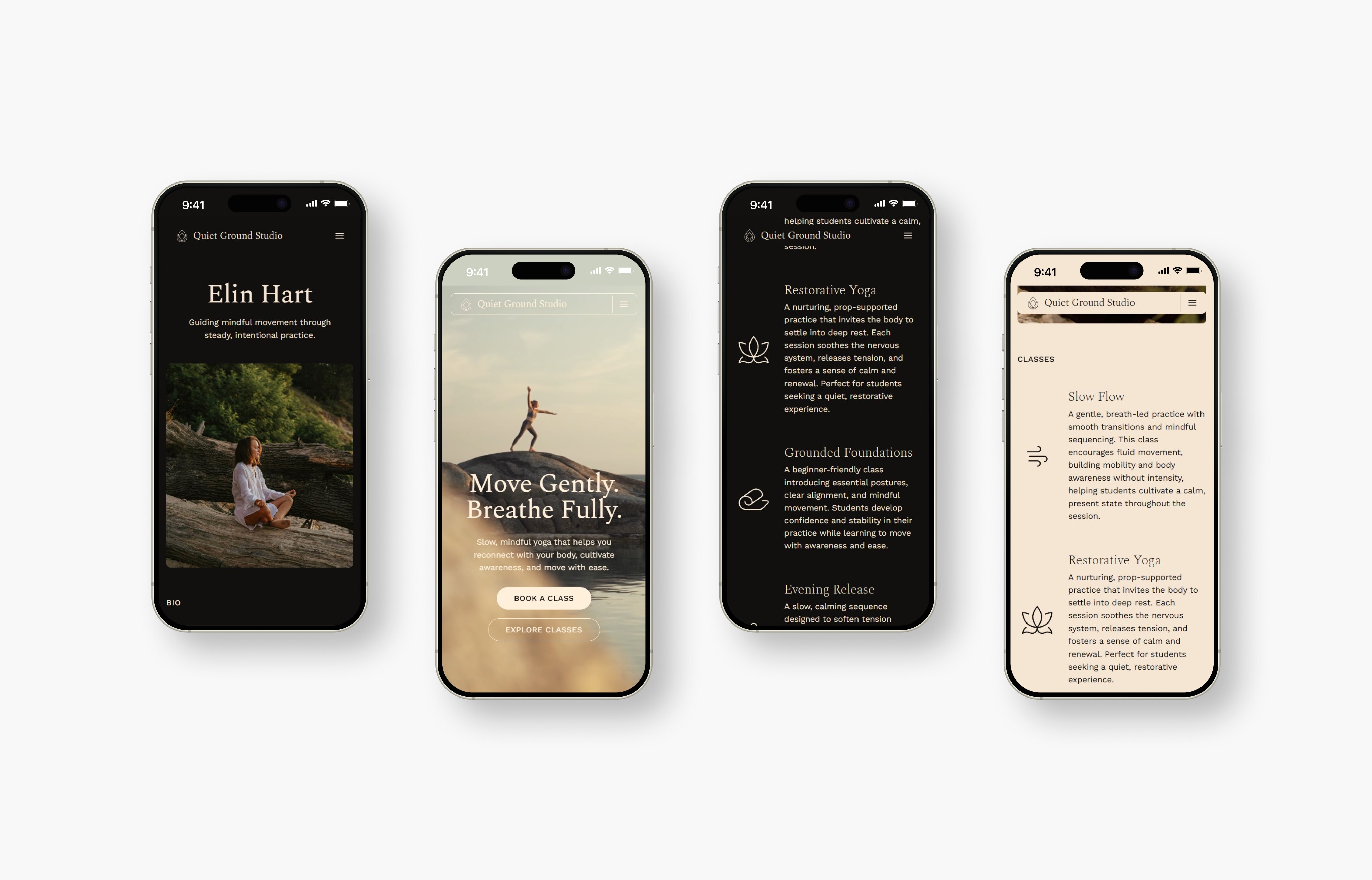 Four mockups of different sections of the Quiet Ground Studio website on iphones