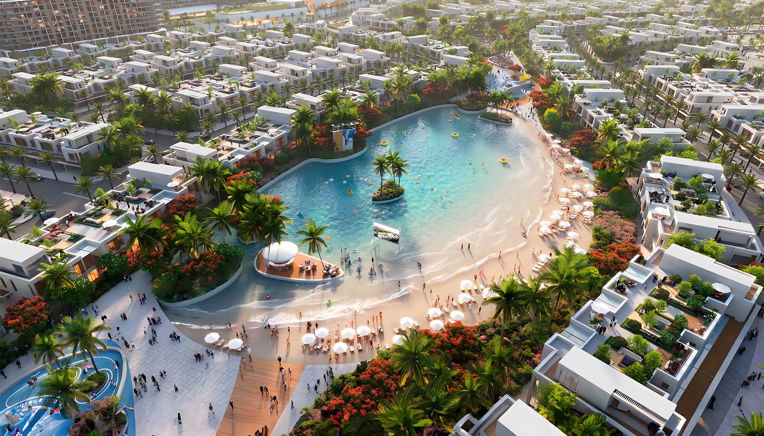A tropical resort in Tahiti, surrounded by lush palm trees and serene water, creating a tranquil paradise atmosphere.