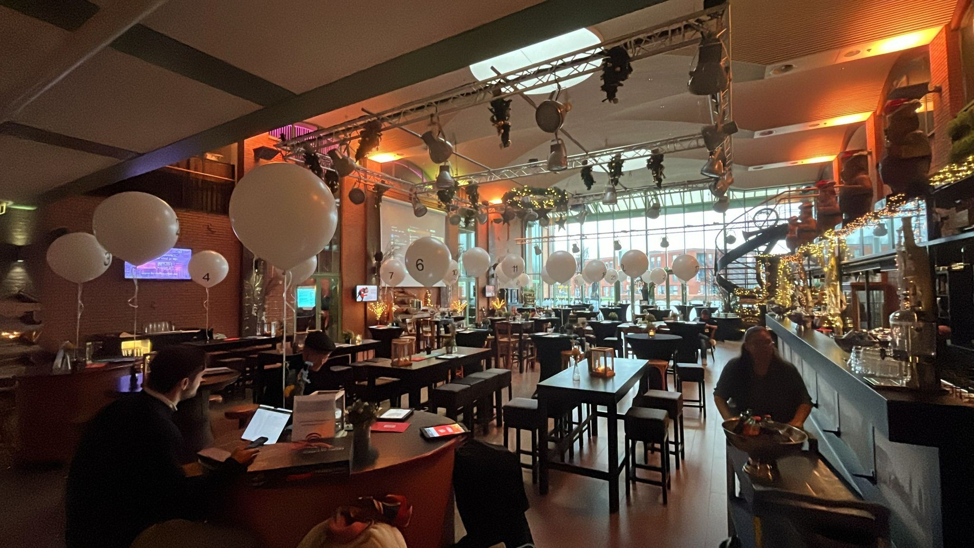 Numbered balloons mark the tables