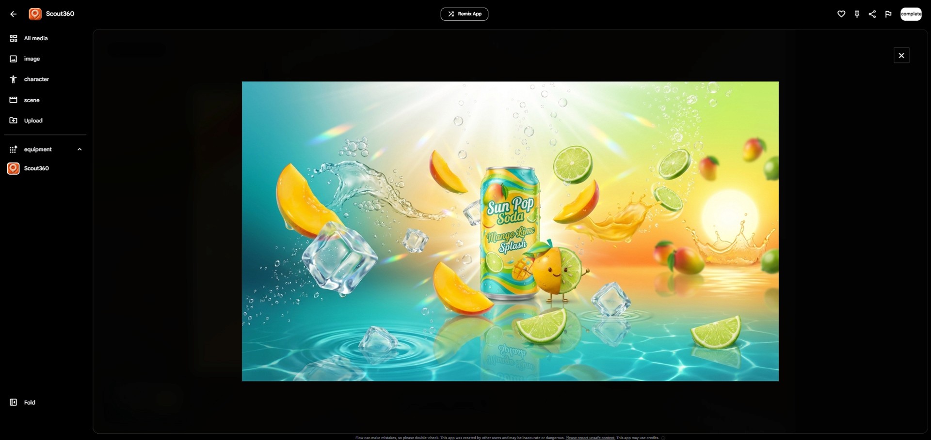 Image caption: After generating the 360-degree environment, refine the result so the product and mascot remain clear, consistent, and usable for a short-form ad.