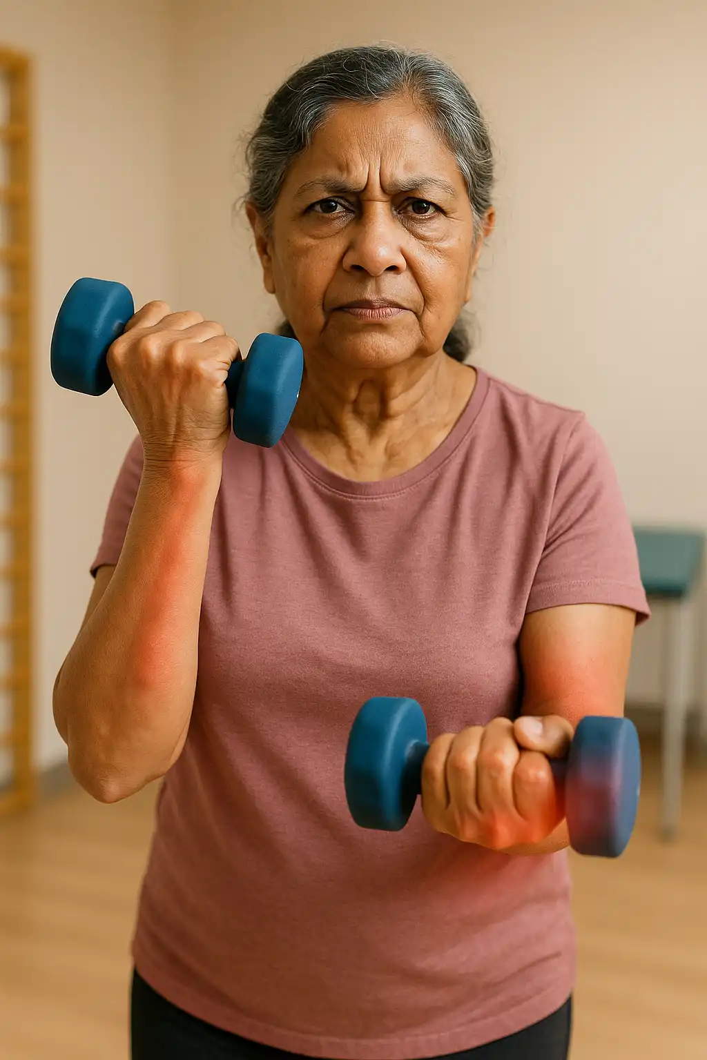 An elderly woman lifting dumbbells with effort, showing arm discomfort while performing strengthening exercises to improve functional independence.