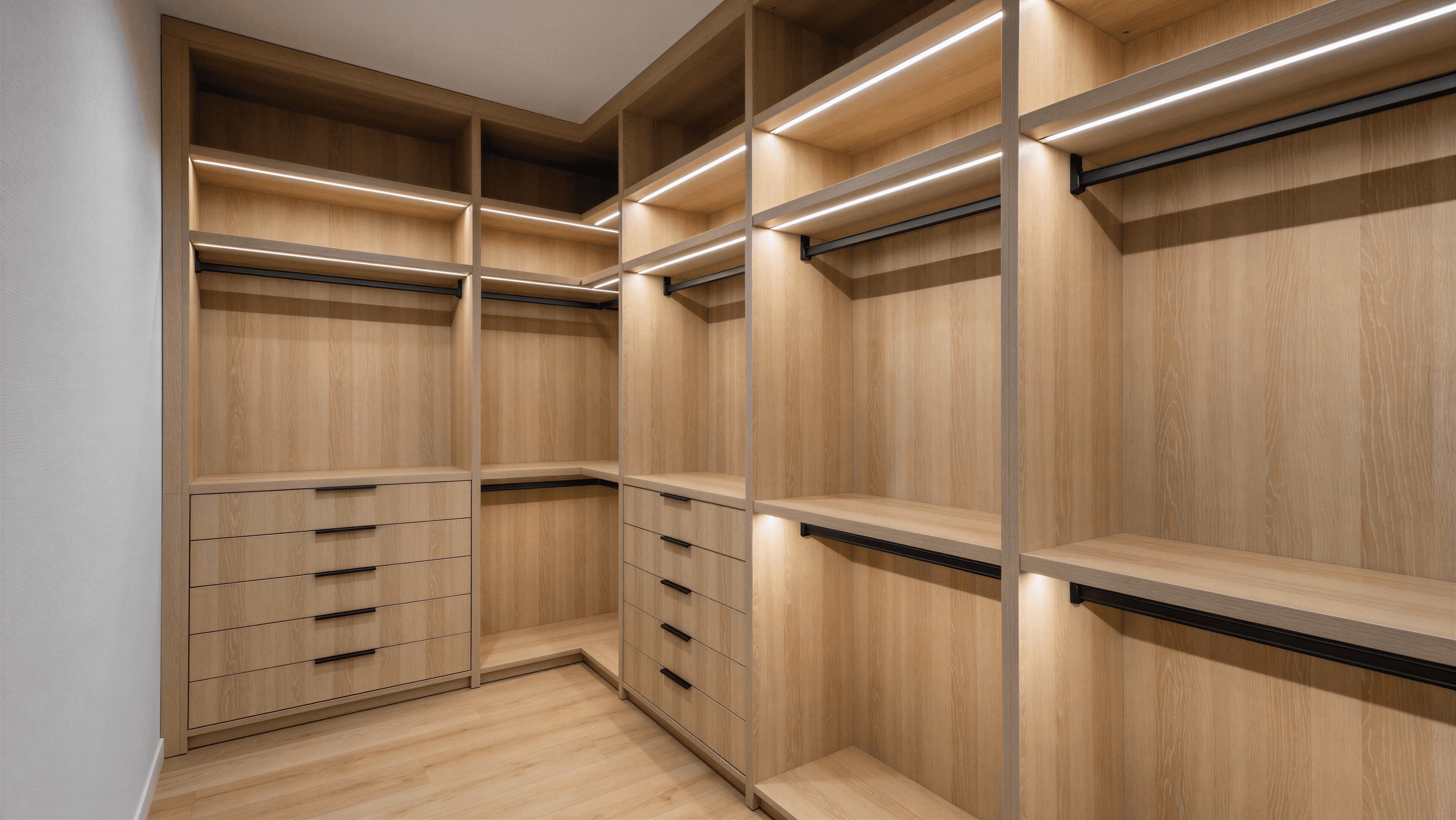 Walk‑in closet în L, lemn cald cu sertare și bare metalice, LED discret sub polițe.