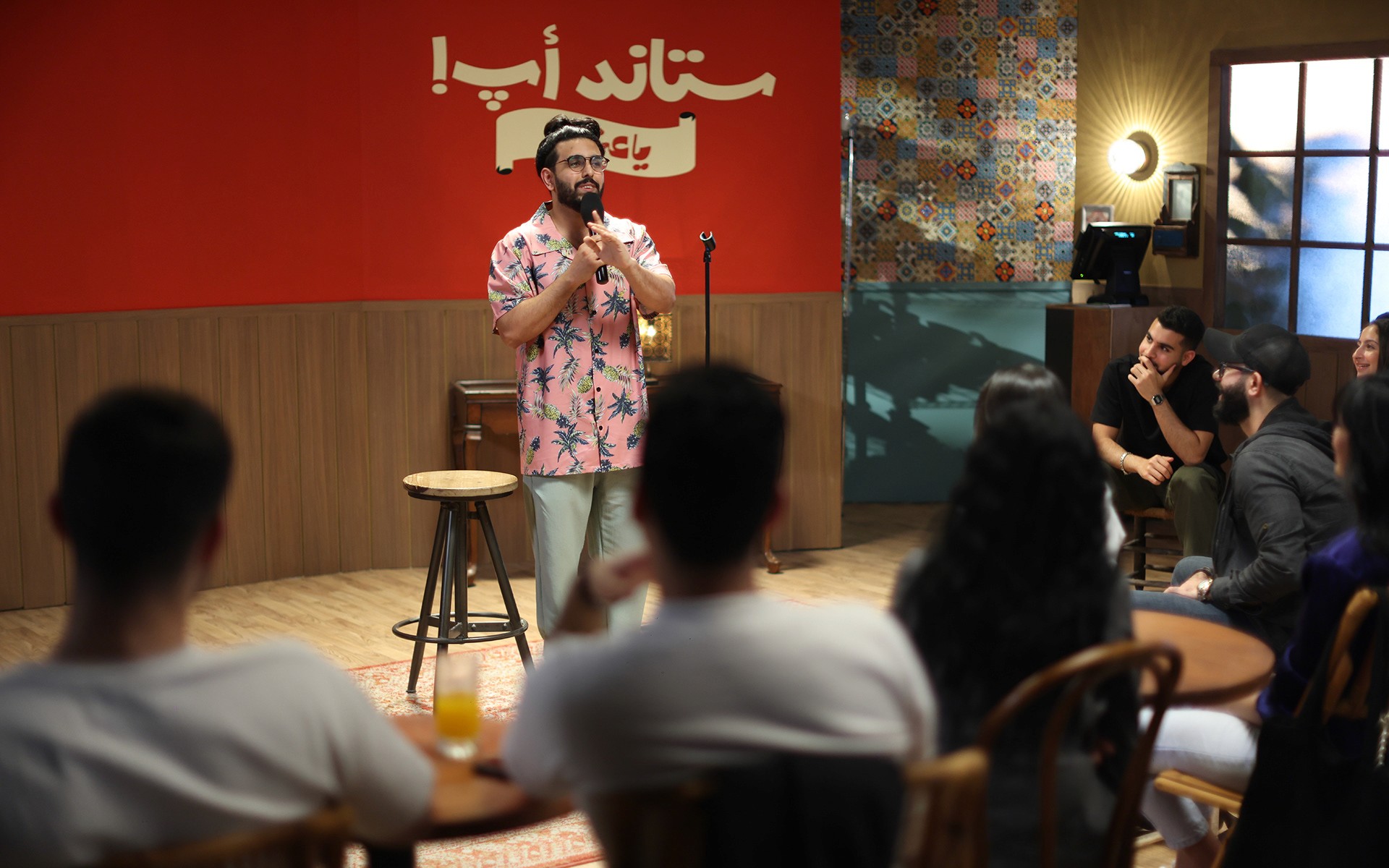 Talents performing on stage during Stand Up Ya Arab! show, showcasing the diversity and humor of Arab comedians.