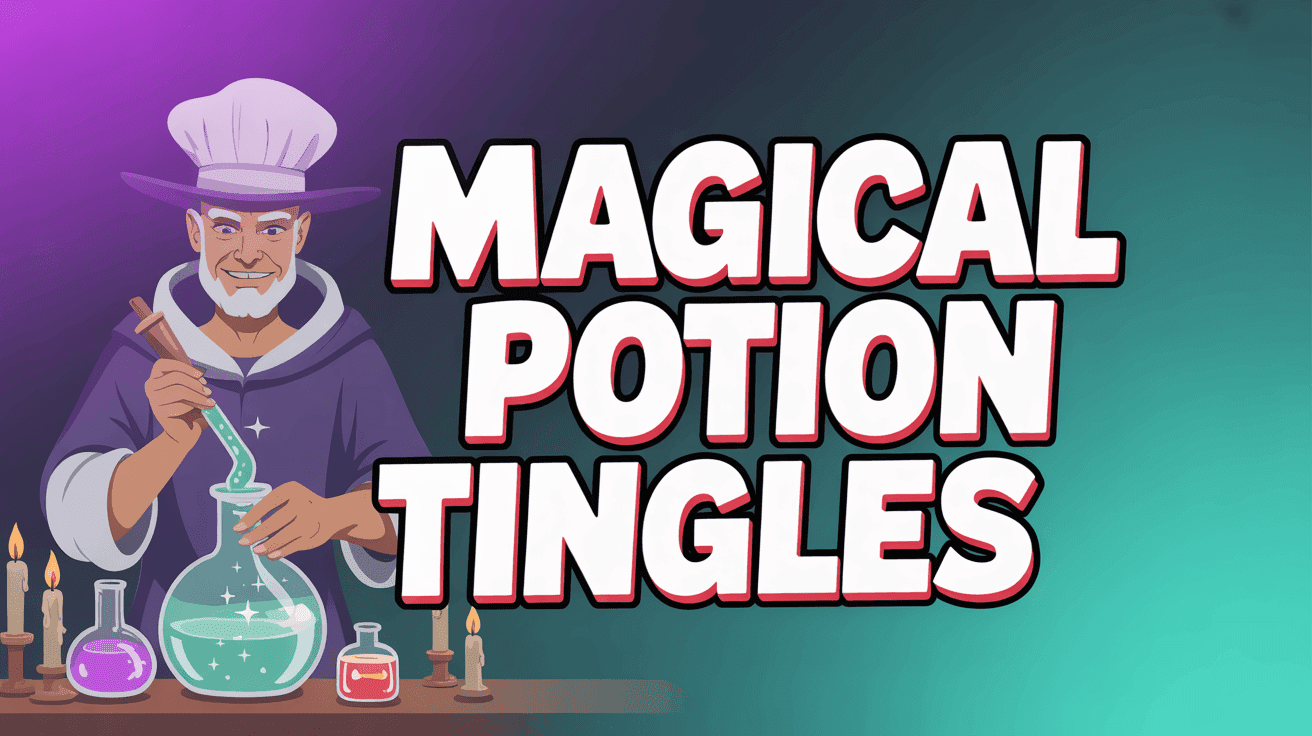 Potion Craft Laboratory ASMR Thumbnail Template featuring fantasy alchemist mixing glowing potions in candlelit lab with floating sparkles