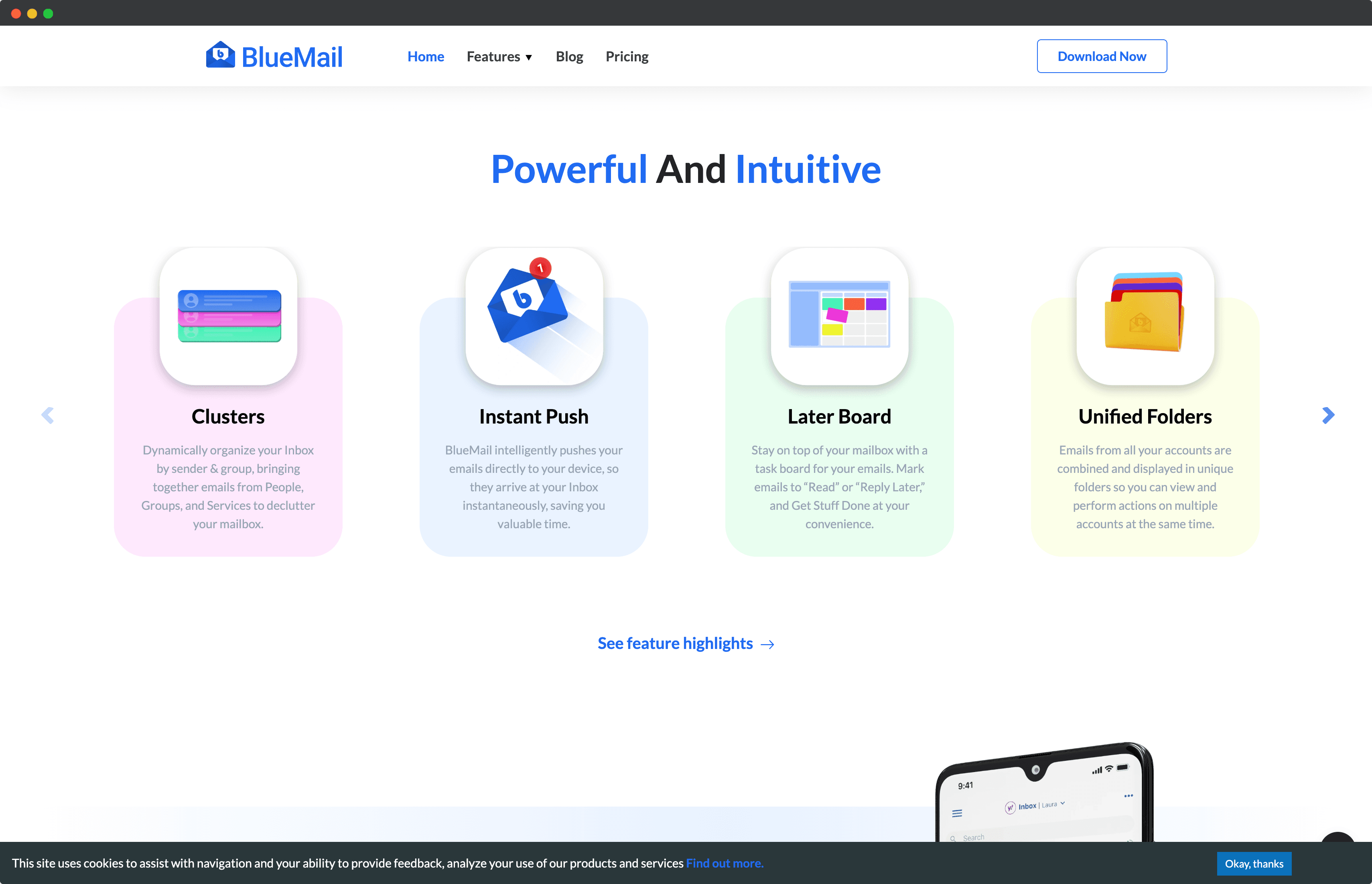 a screenshot of bluemail's features