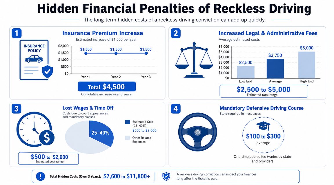 An infographic detailing the hidden long-term financial costs and penalties associated with a reckless driving conviction.