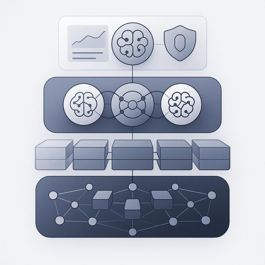 Layered diagram of enterprise AEO stack from global edge network up to analytics and governance layers