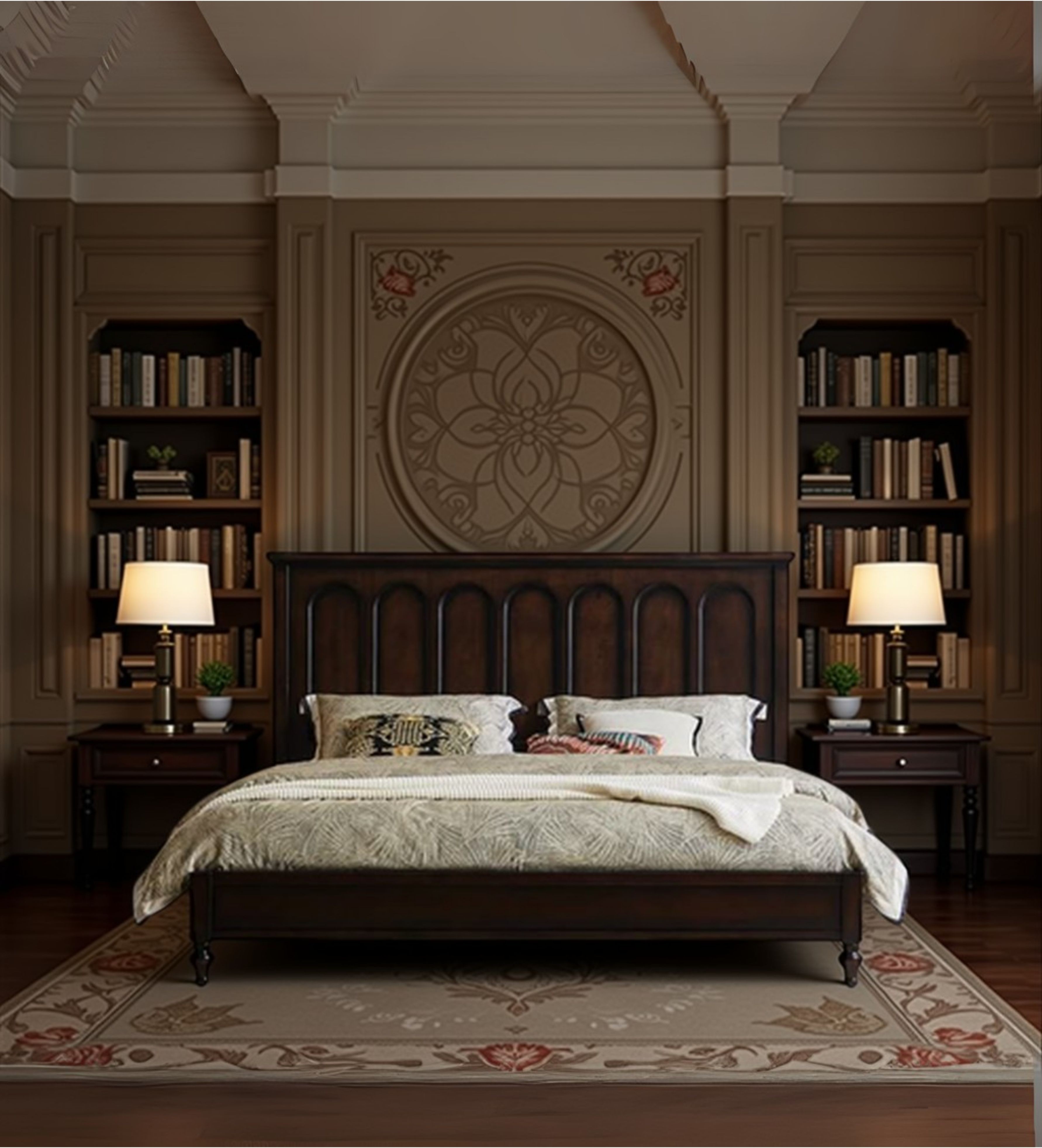 Dark wood bed with panelled headboard, integrated shelving, and structured frame design