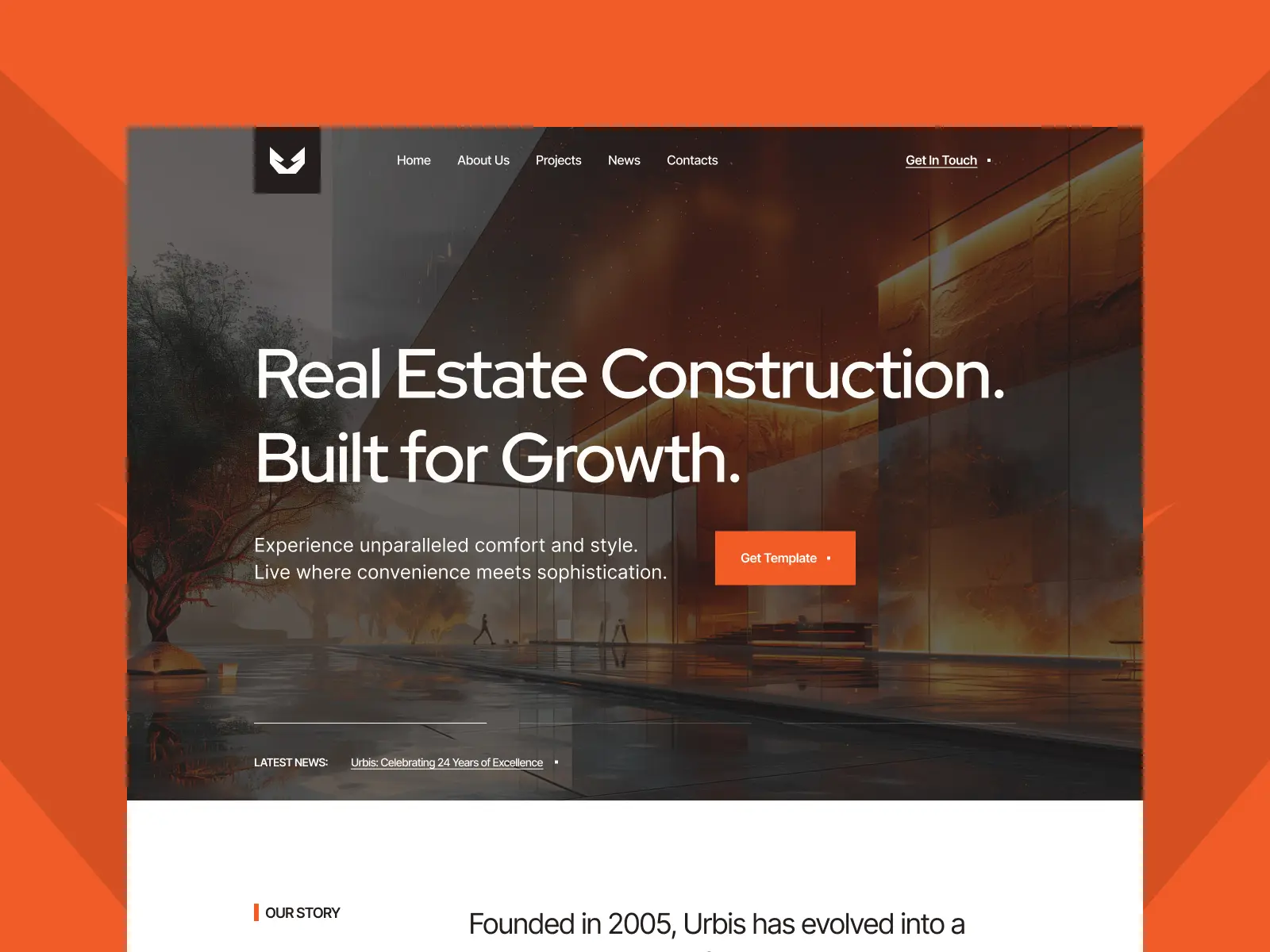 Featured preview of Urbis, a real estate development Framer template showcasing a modern construction company homepage with a bold architectural hero section.