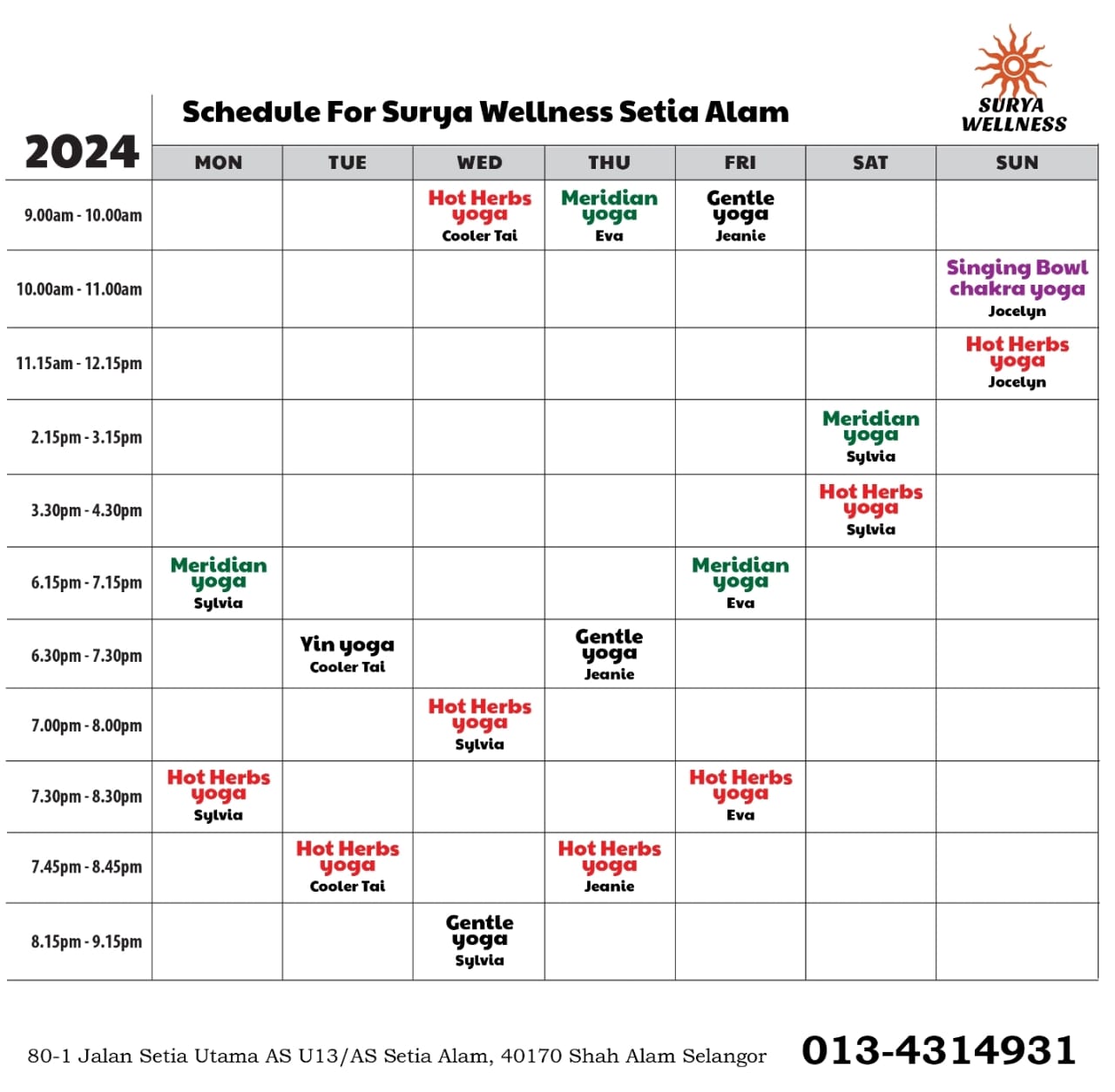 Surya Wellness Setia Alam Schedule