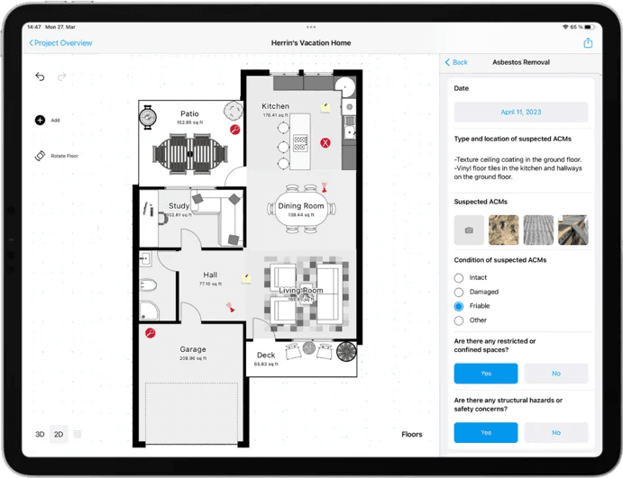 magic plan floor plan view documenting suspected asbestos materials and removal details during inspections