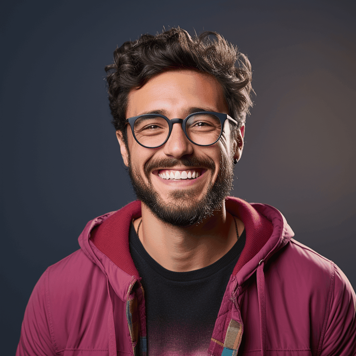 Close-up portrait of a young man with a beard and glasses, smiling cheerfully.