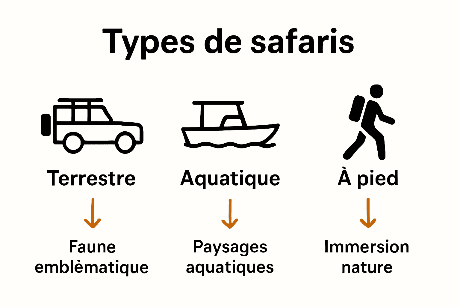 Comparaison visuelle des trois types principaux de safaris en Afrique avec icônes 4x4, bateau, randonneur.