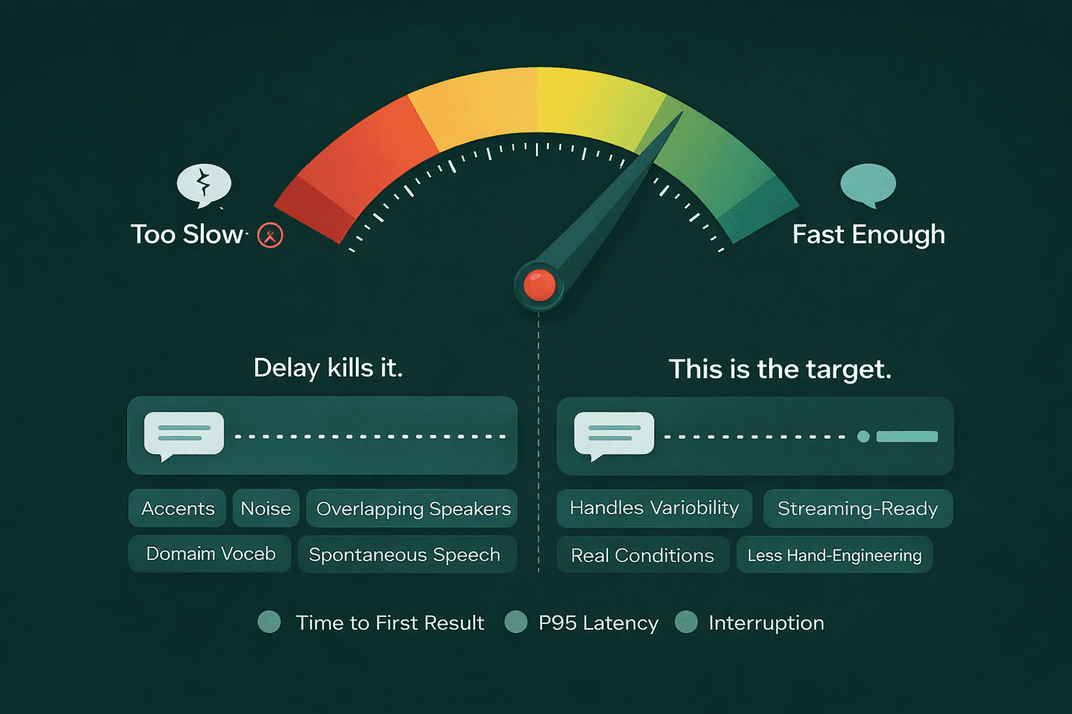 Speech recognition latency infographic showing the target range between too slow and fast enough, highlighting time to first result, P95 latency, interruption, and the impact of delay on real-time ASR performance.
