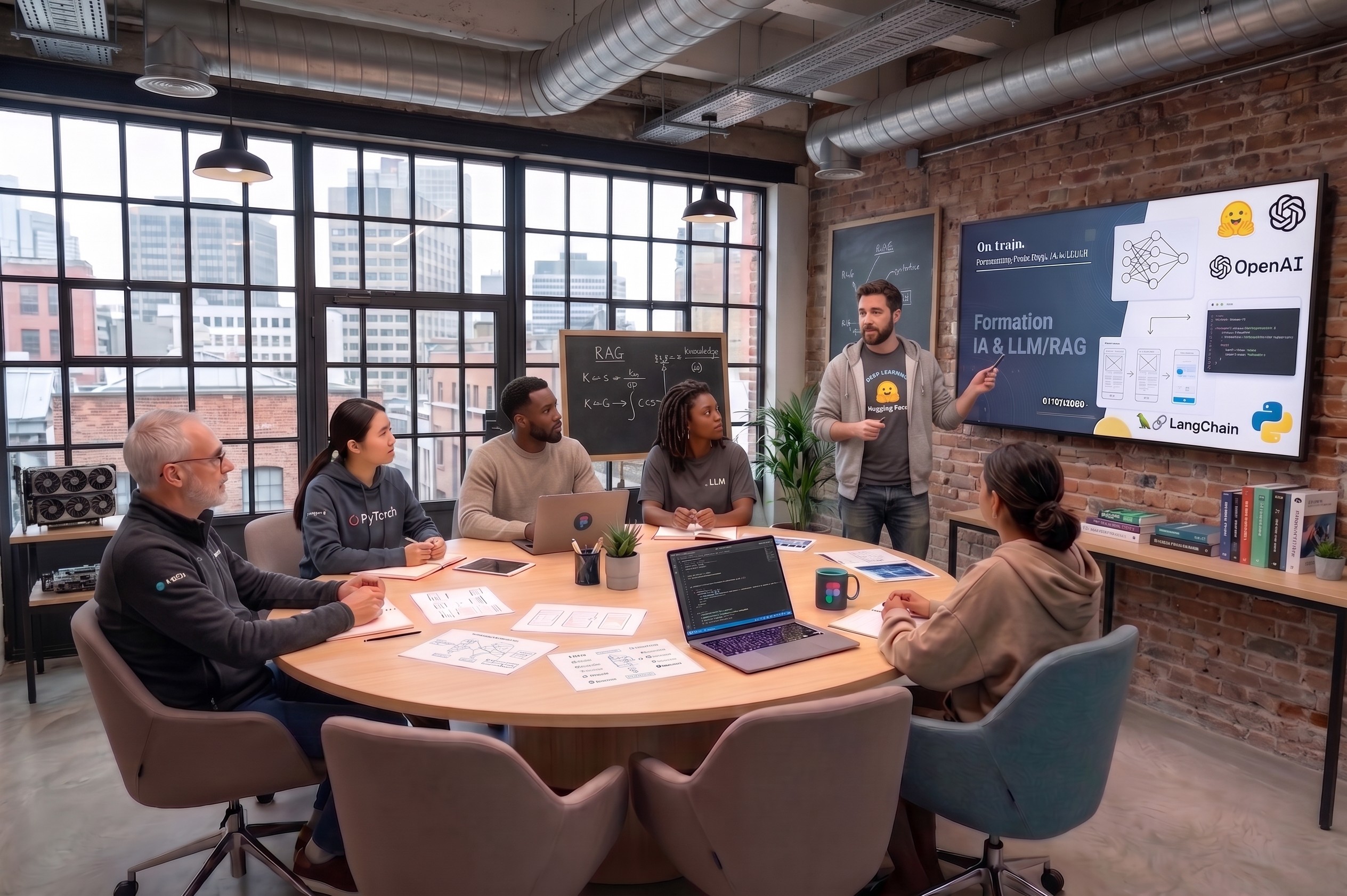 Équipe Data et IT construisant une architecture RAG lors d'une formation On train