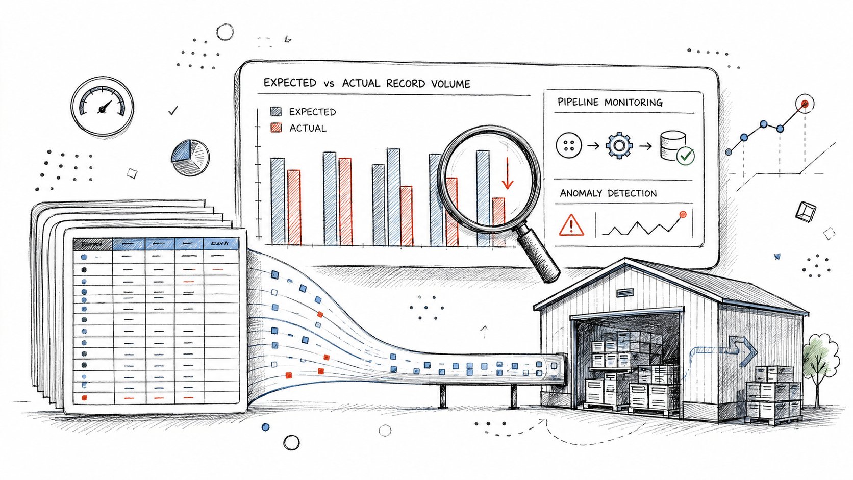 A clear section image for record count monitoring, showing a business data dashboard with side by side expected versus a