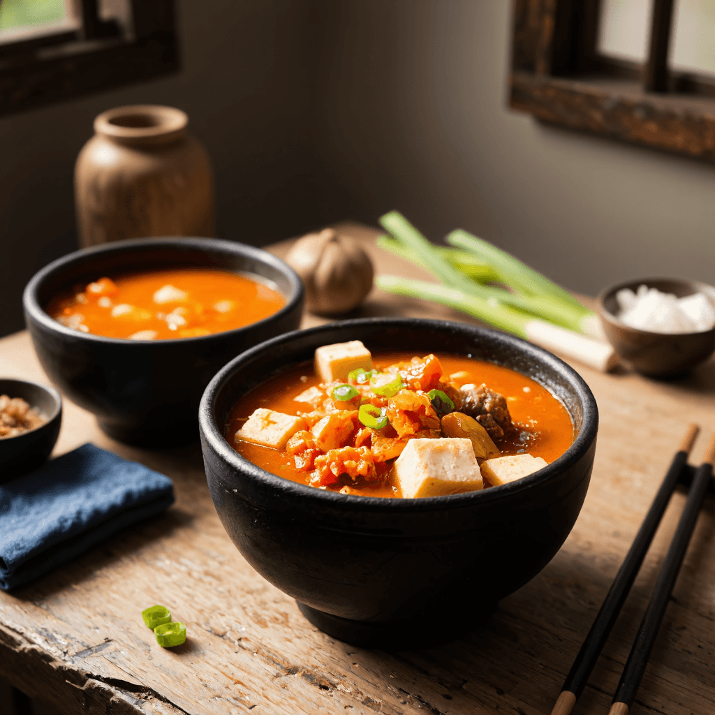 product photography of a bowl of kimchi stew with tofu and meat