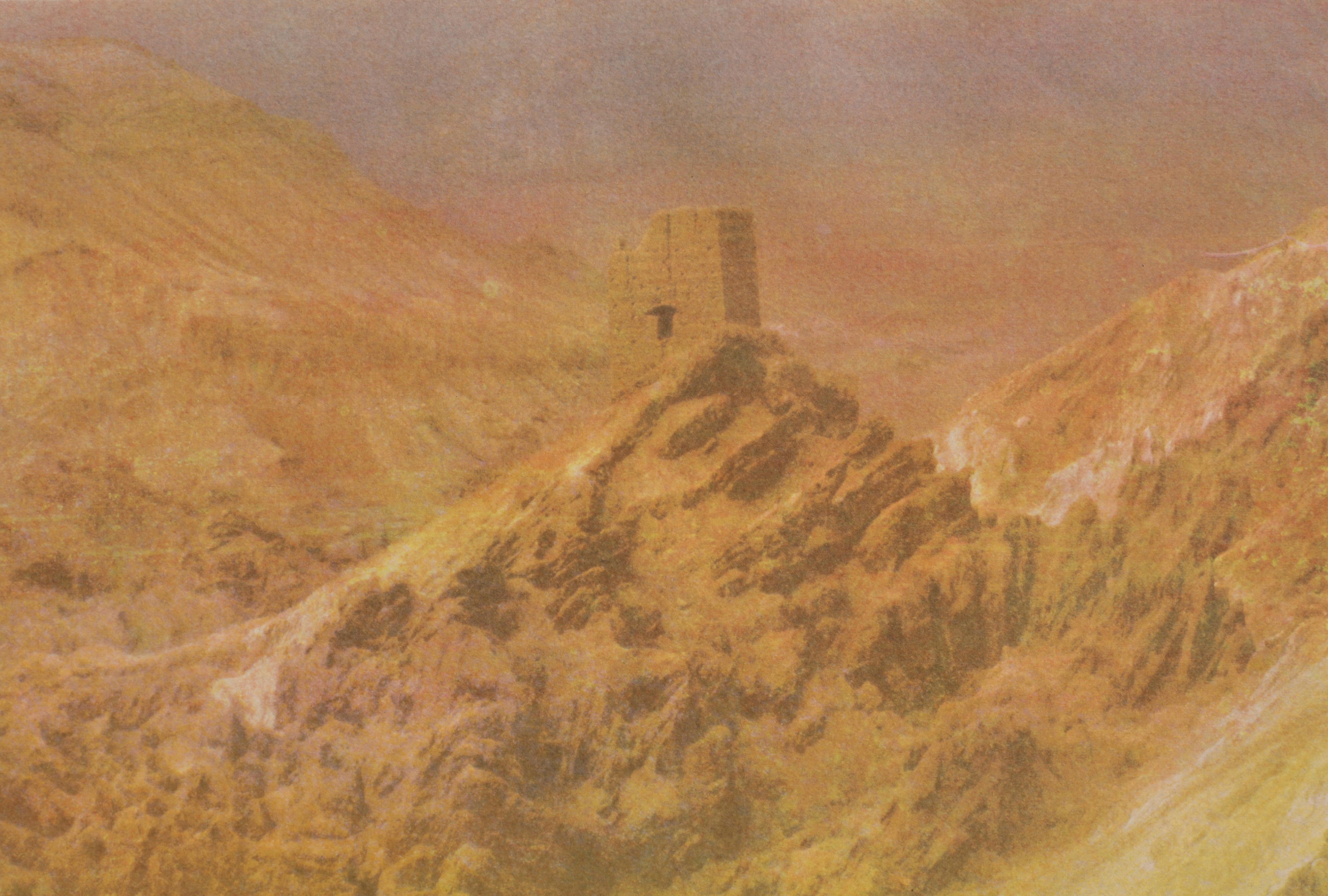 herd of sheep on road painting