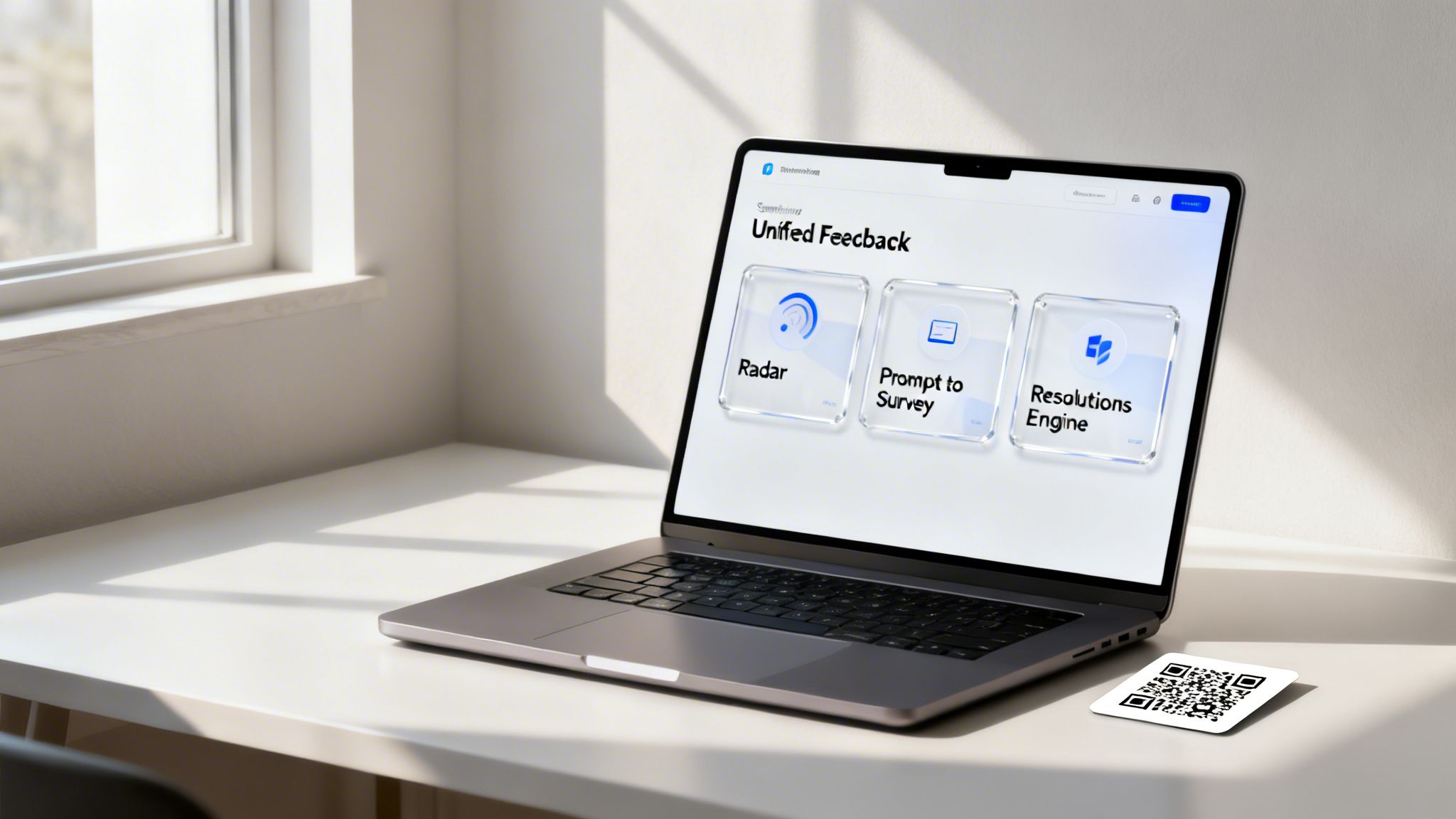 A laptop displays 'Unified Feedback' software with options like Radar, Survey, and Resolutions Engine, on a desk.
